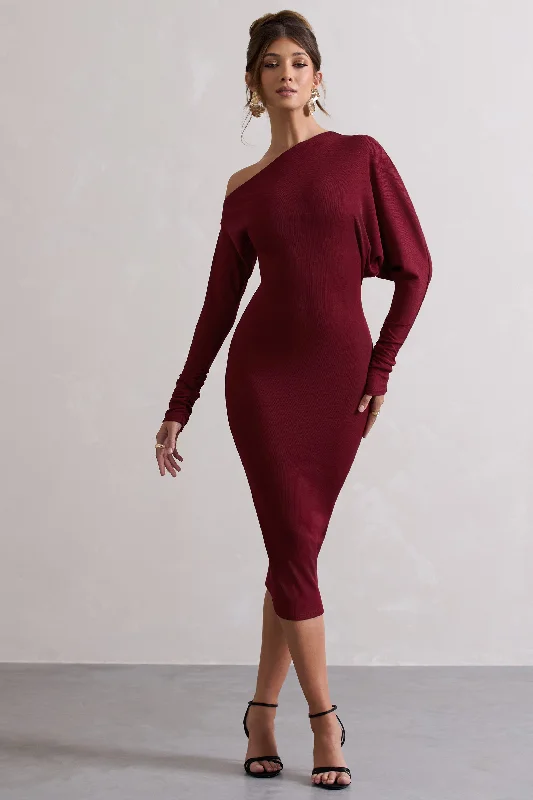 ladies-midi-dress-forest-finesse-Thora | Berry Rib Knit One-Shoulder Midi Dress