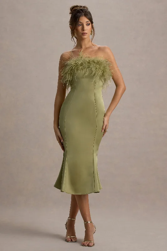 ladies-midi-dress-wine-whisper-One And Only | Light Green Satin Feather Trim Bandeau Midi Dress