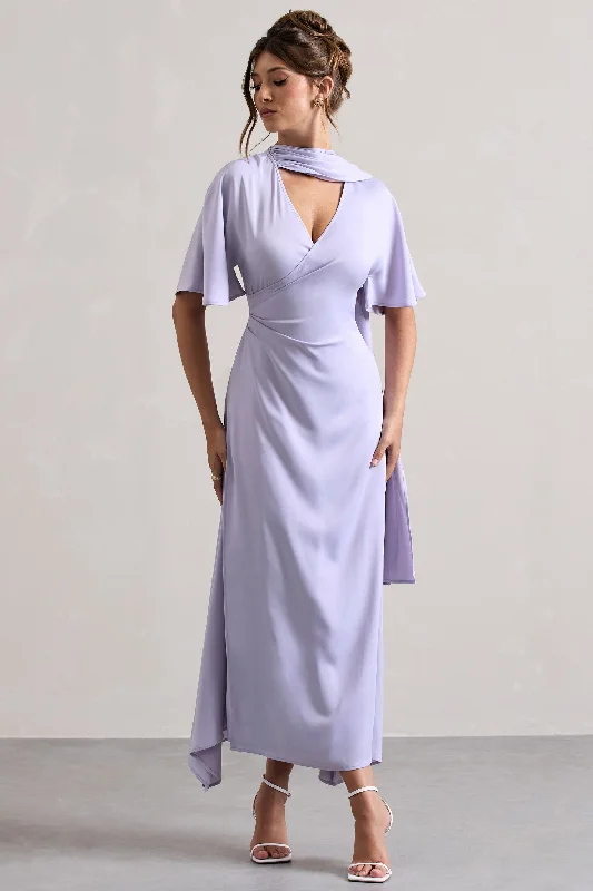 ladies-maxi-dress-sweetheart-sweep-Lisette | Lilac Asymmetric Flutter-Sleeve Maxi Dress