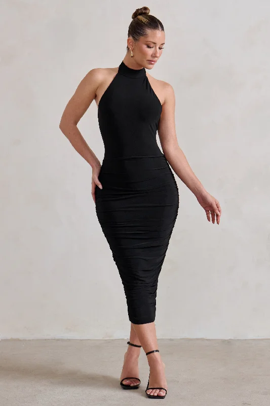 ladies-midi-dress-short-sleeve-breeze-Chrissy | Black Halterneck Ruched Midi Dress