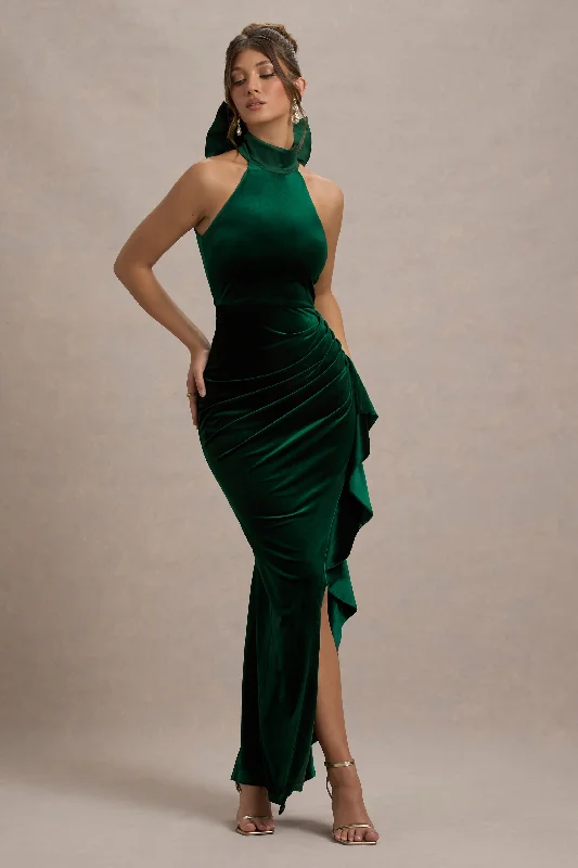 ladies-maxi-dress-sale-sway-Janiya | Green Velvet High-Neck Ruffled Split Maxi Dress