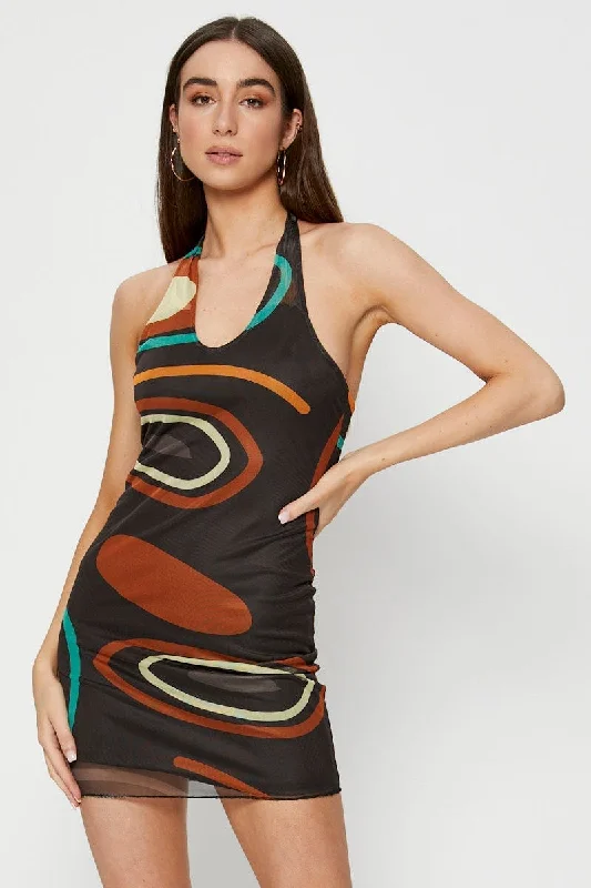 ladies-bodycon-dress-draped-dare-Abstract Print Bodycon Dress Mini Halter Neck