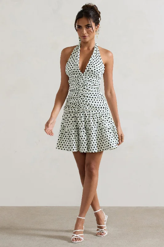 Women's mini dress free pop -Verde | White Polka Dot V-Neck Ruched Mini Dress With Flared Hem