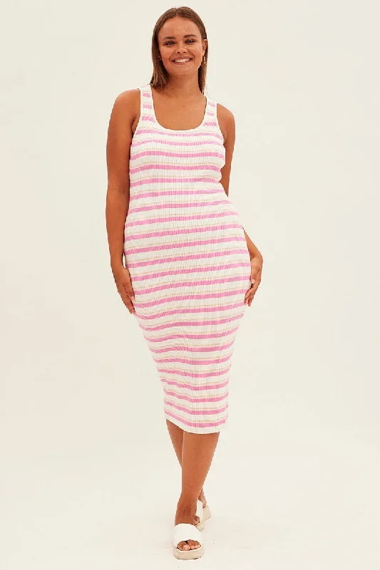 ladies-bodycon-dress-beige-bop-Pink Stripe Knit Dress Sleeveless Bodycon