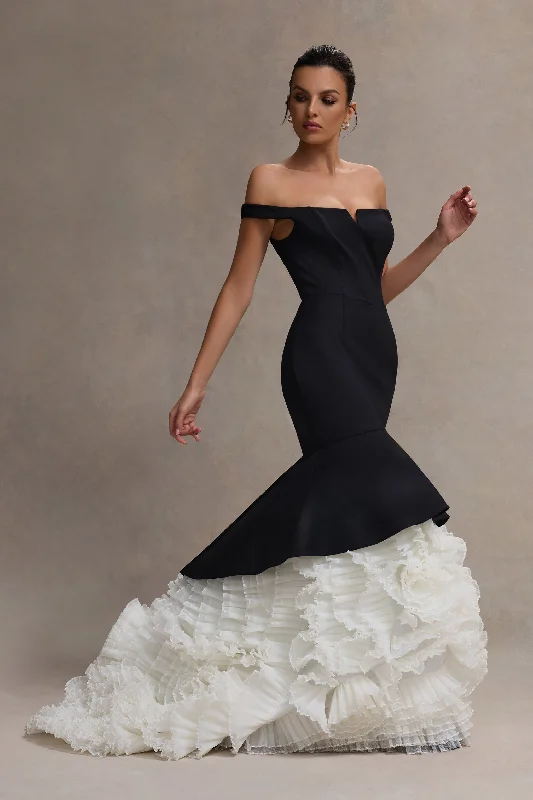 ladies-maxi-dress-lace-luster-The Greatest | Black & Cream Bardot Maxi Dress With Tulle Skirt