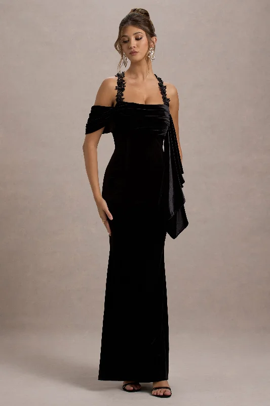 ladies-maxi-dress-tassel-tango-Charlize | Black Velvet Halter-Neck Draped Maxi Dress