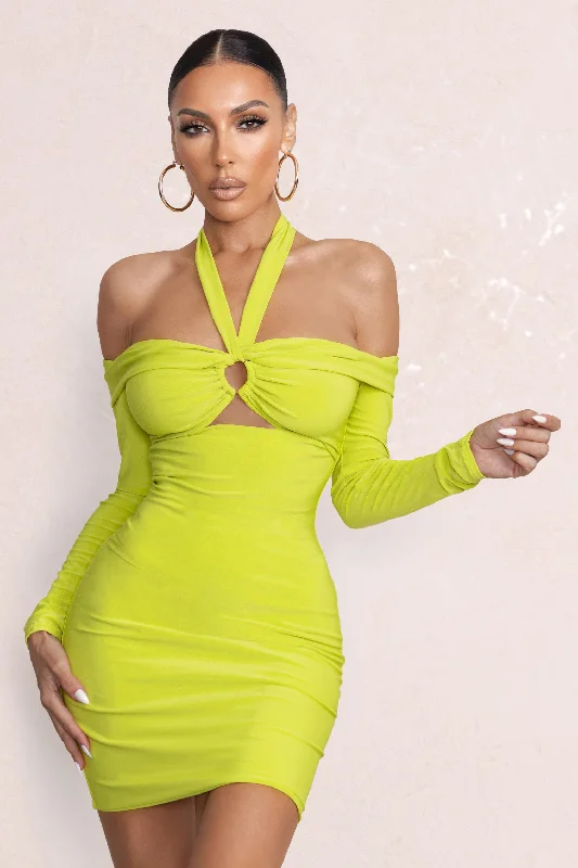 Women's mini dress small glow -Never Stopping | Lime Green Bardot Halter Neck Cut Out Mini Dress