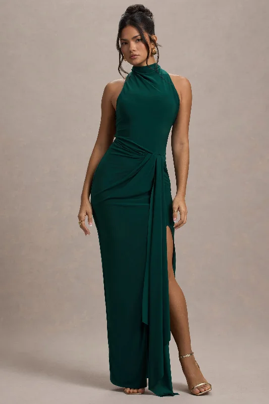 ladies-maxi-dress-tie-dye-twirl-Khari | Bottle Green High-Neck Twisted Maxi Dress With Drape