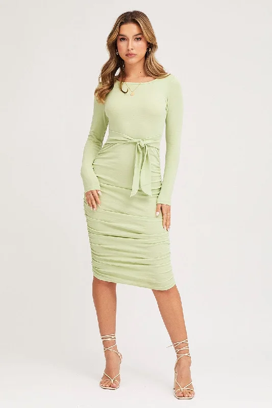 ladies-bodycon-dress-saffron-spark-Green Bodycon Dress Long Sleeve Midi Ruched