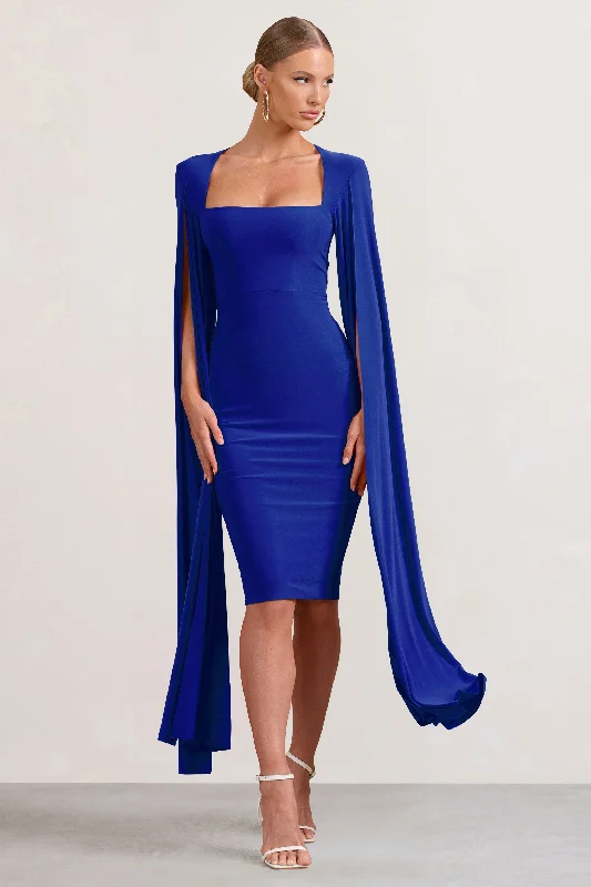 ladies-midi-dress-coral-cool-Flawless | Cobalt Blue Square Neck Midi Dress With Cape Sleeves