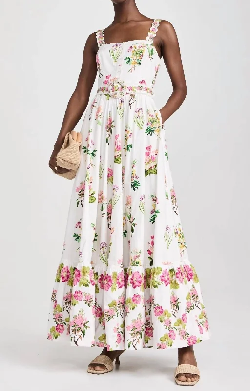 ladies-floral-dress-effortless-orchid-Long Dress With Buckle Belt In White Floral