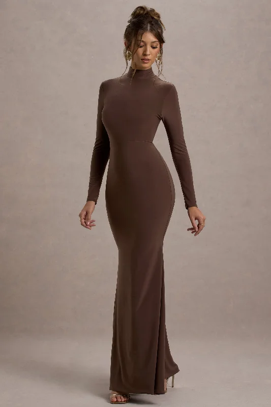 ladies-maxi-dress-bright-bloom-Tova | Chocolate High-Neck Long-Sleeve Maxi Dress