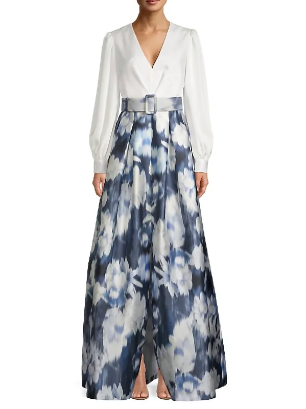 ladies-floral-dress-breathable-bud-Zoe Gown In Ivory/blue Ikat Floral