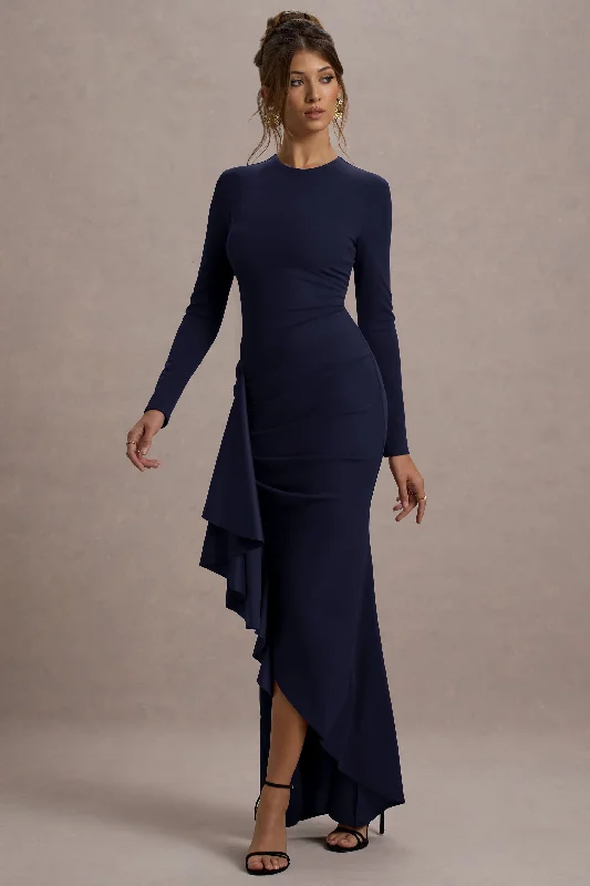 ladies-maxi-dress-claret-cascade-Alayna | Navy Long-Sleeve Maxi Dress With Ruffled Split