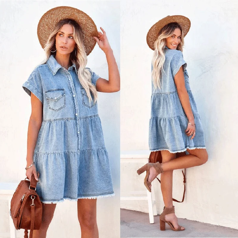 Women's shirt dress rare chic -Fashion Loose Denim Shirt Short Sleeve Dress