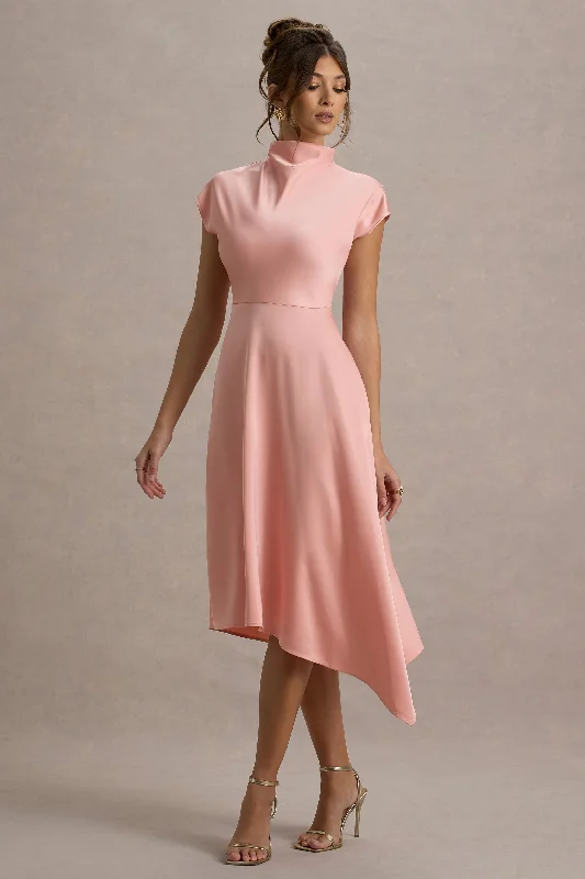 ladies-midi-dress-statement-sweep-Velma | Light Pink Satin Midi Dress With Draped Hem