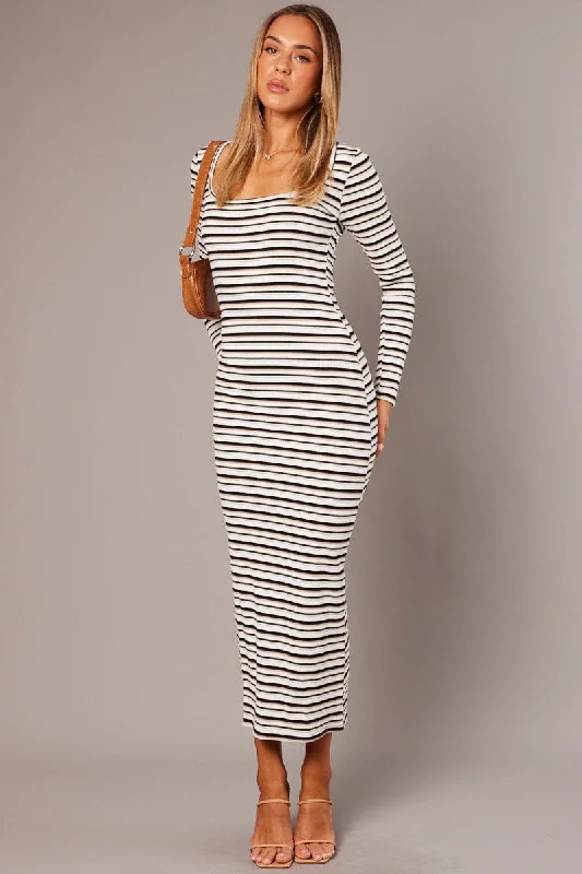 ladies-bodycon-dress-sequin-spark-White Stripe Bodycon Dress Long Sleeve