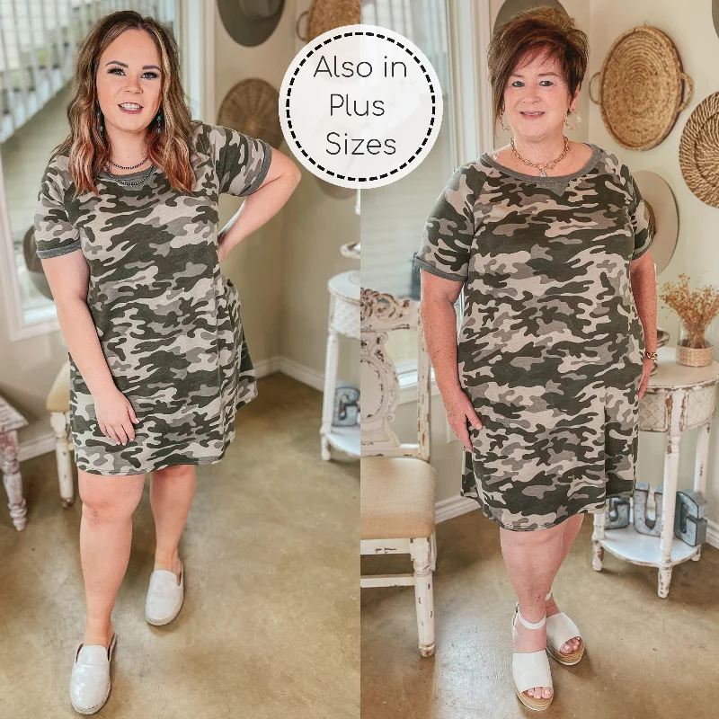 Women's shirt dress plush pop -Secret Spot Short Sleeve Tee Shirt Dress with Pockets in Camouflage