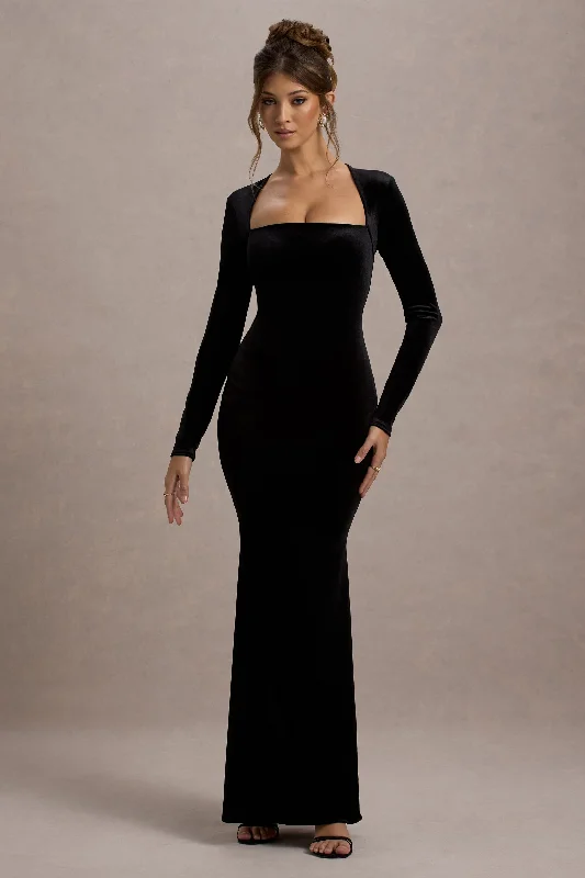 ladies-maxi-dress-rust-ripple-Morana | Black Velvet Square-Neck Long-Sleeve Maxi Dress