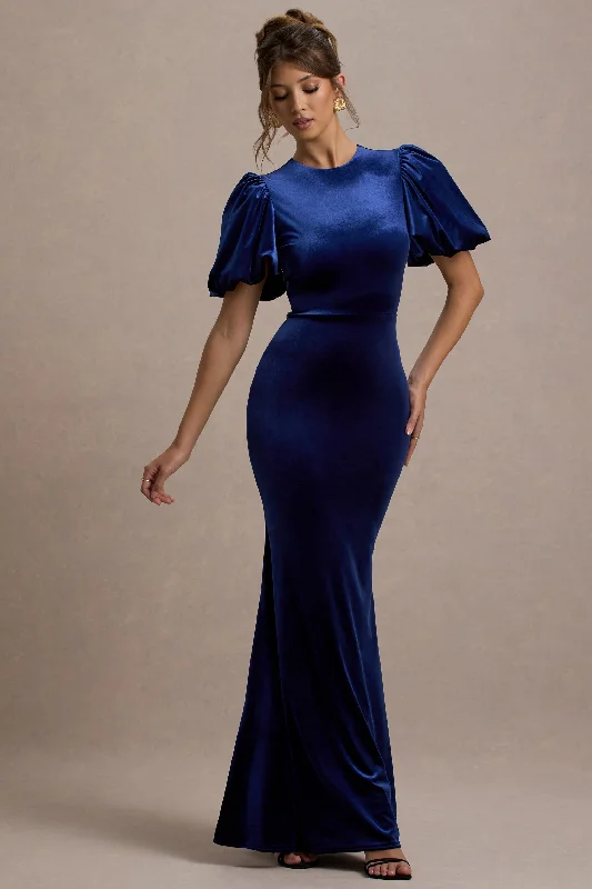 ladies-maxi-dress-budget-beauty-Ashlin | Navy Velvet Puff-Sleeve Maxi Dress