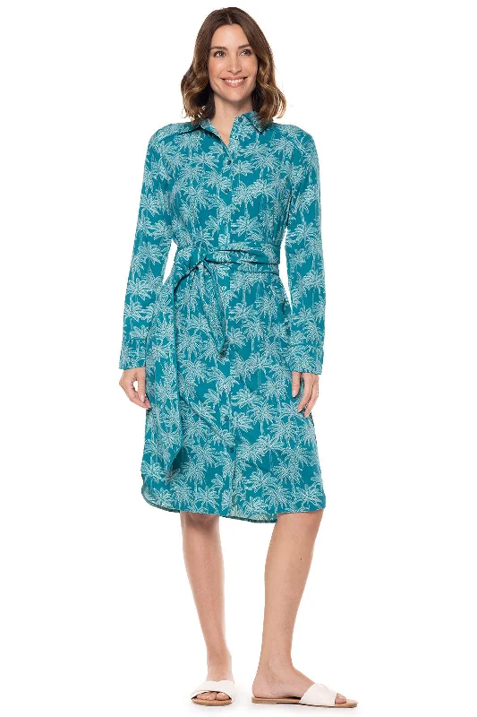 Women's shirt dress date pop -Women's Kitts Shirt Dress | Tahitian Teal Swaying Palms