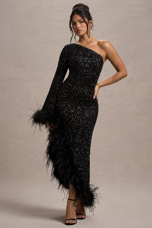 ladies-maxi-dress-leather-luxe-Shadow | Black Sequin One-Shoulder Feather Trim Maxi Dress