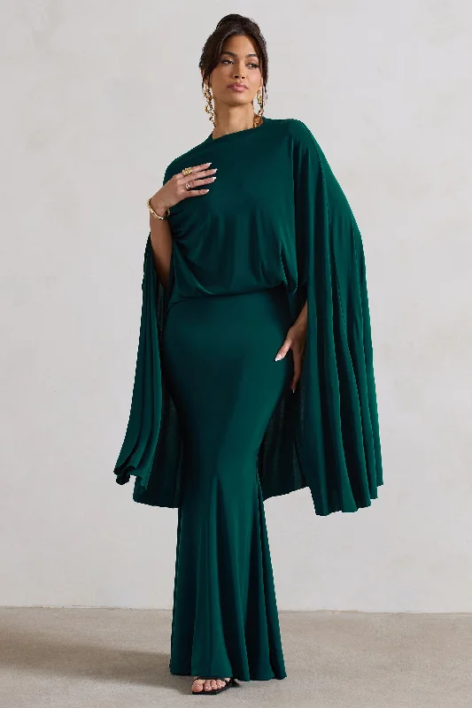 ladies-maxi-dress-sheer-sheen-Charmaine | Bottle Green High-Neck Maxi Dress With Cape