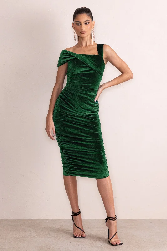 ladies-midi-dress-umber-undertone-Daniela | Bottle Green Velvet One Shoulder Ruched Midi Dress