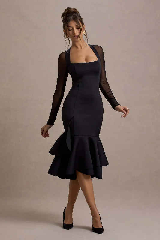 ladies-midi-dress-seasonal-sway-Sander | Black Mesh Long-Sleeve Ruffle-Hem Midi Dress