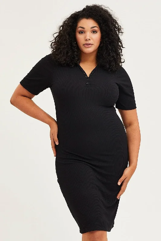 ladies-bodycon-dress-limited-luxe-Black Bodycon Dress V-neck Long Sleeve Rib