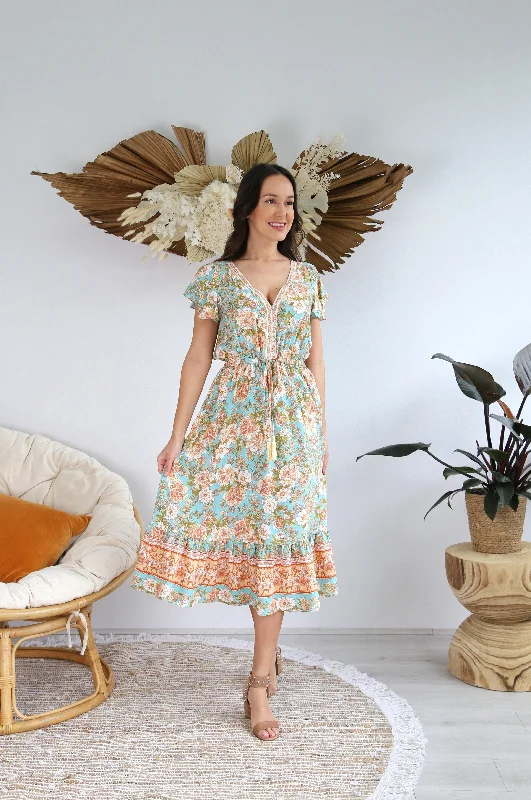 ladies-floral-dress-comfortable-cosmos-Salty Bright S0442-38 Long Mint & Orange Floral Boho Dress