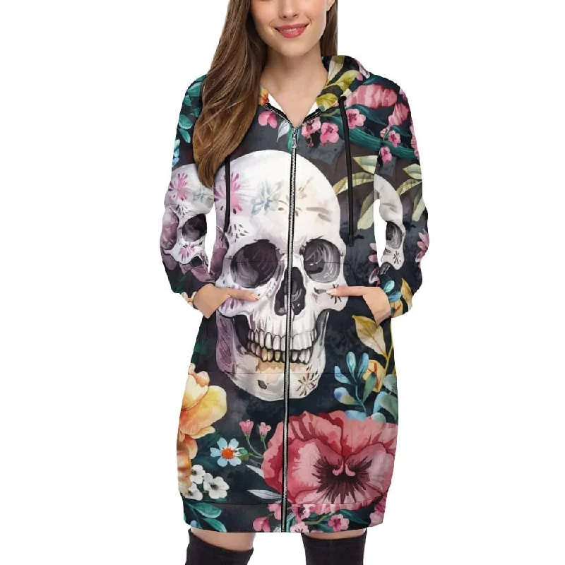 Women's shirt dress gem chic -Women's Hooded Sweatshirt Dress! Featuring A Skull Floral design And Long Sleeves