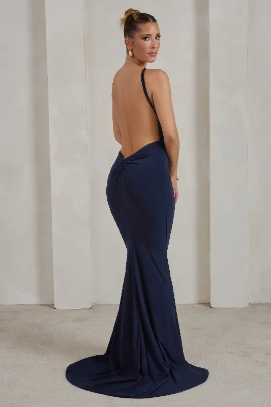 ladies-maxi-dress-weekend-whisper-Endless Love | Navy Backless Knot Detail Fishtail Maxi Dress