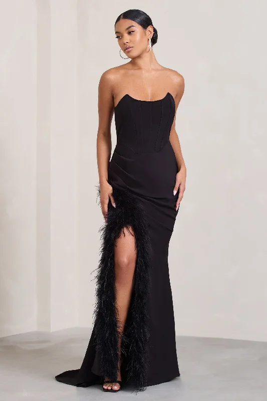 ladies-maxi-dress-fitted-flow-Say Yes | Black Corset Maxi Dress With Split Feather Skirt