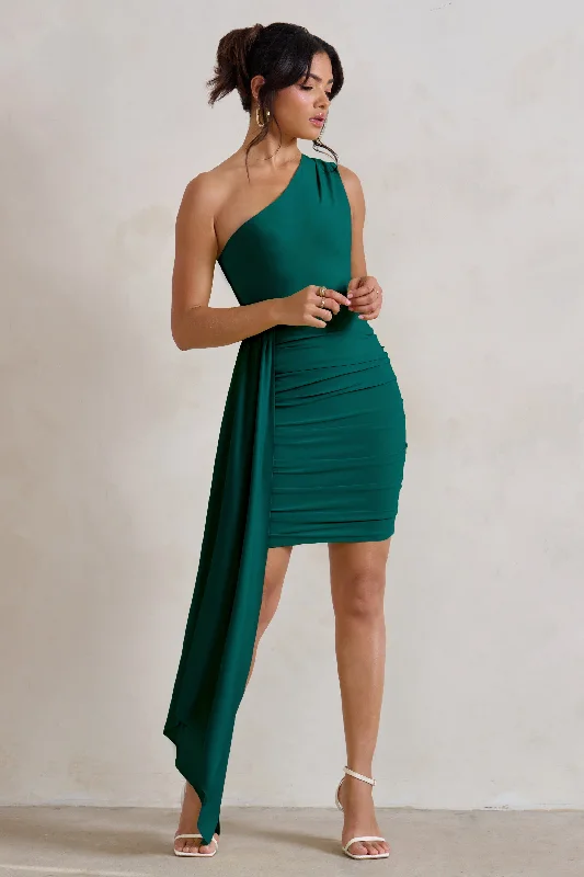 Women's mini dress day glow -Charlie | Bottle Green One Shoulder Ruched Mini Dress With Statement Drape