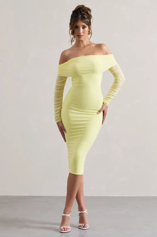 ladies-midi-dress-royal-ripple-Only You | Lemon Ruched Mesh Bardot Midi Dress