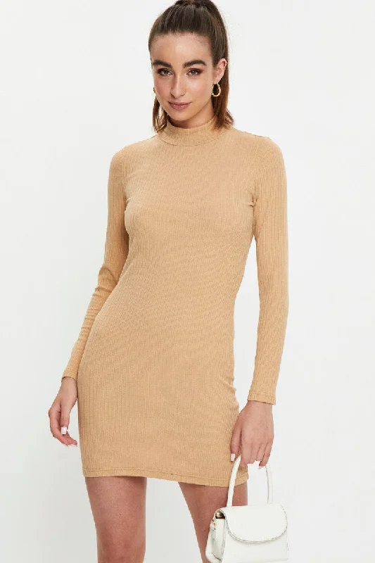 ladies-bodycon-dress-saffron-spark-Beige Ribbed Bodycon Dress