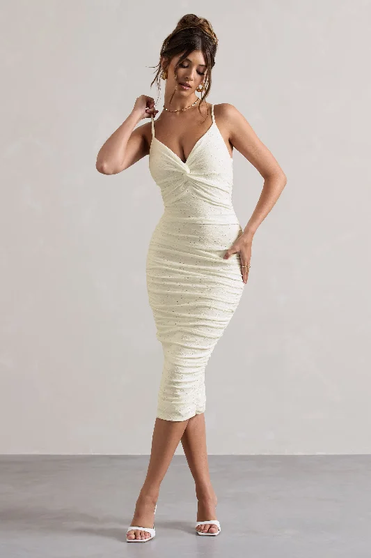 ladies-midi-dress-breathable-breeze-Cannes | White Broderie Knit Strappy Twist Midi Dress