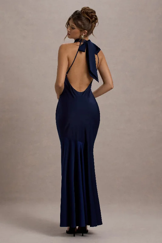 ladies-maxi-dress-subtle-sweep-Amelita | Navy Satin Cowl-Neck Maxi Dress