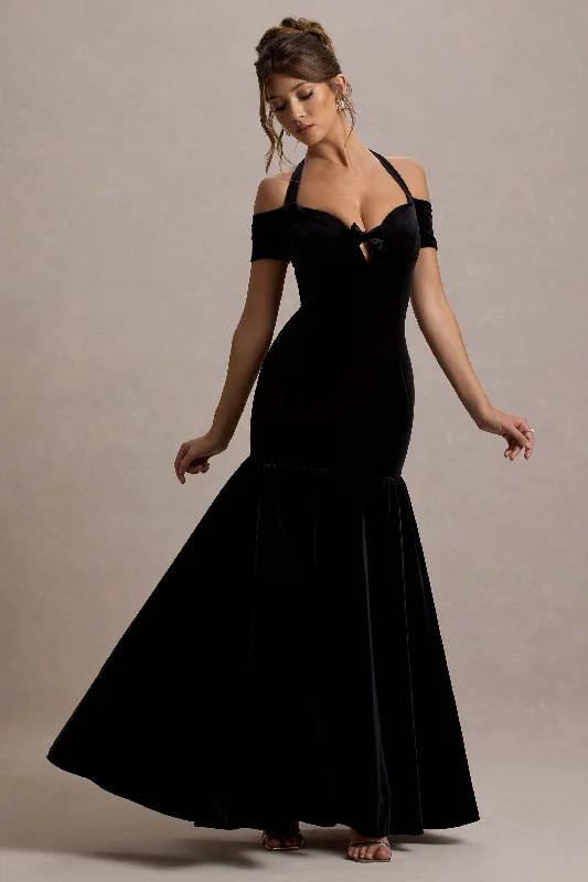 ladies-maxi-dress-minimal-magic-Nominee | Black Velvet Halter-Neck Maxi Dress