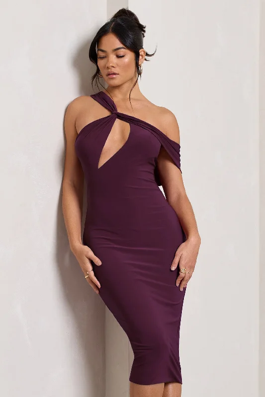 ladies-midi-dress-satin-sweep-Ella | Plum Asymmetric Neck Cut Out Midi Dress