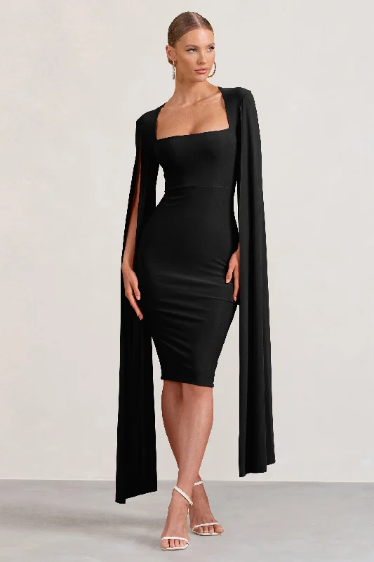 ladies-midi-dress-orange-orchid-Flawless | Black Square Neck Midi Dress With Cape Sleeves