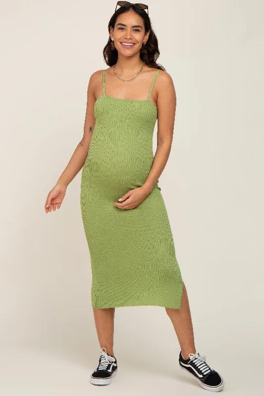 ladies-midi-dress-mesh-magic-Light Olive Ribbed Knit Side Slit Maternity Midi Dress