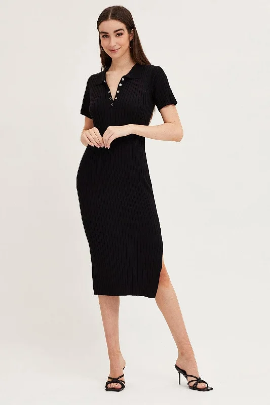 ladies-bodycon-dress-seasonal-sleek-Black Bodycon Dress Short Sleeve Mini Knit