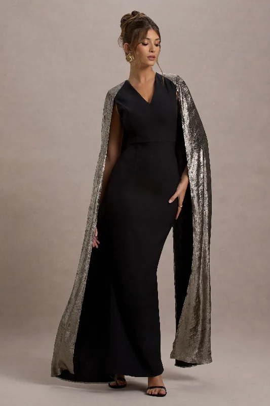 ladies-maxi-dress-effortless-ease-Ilenia | Black V-Neck Maxi Dress With Metallic Cape