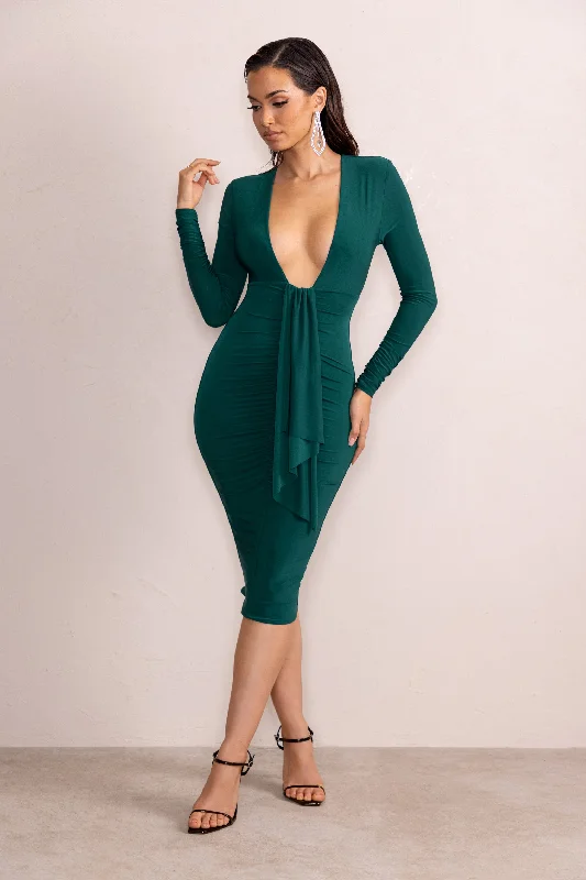 ladies-midi-dress-prom-prance-Inspirational | Bottle Green Plunge Neck Long Sleeves Ruched Midi Dress With Drape Detail