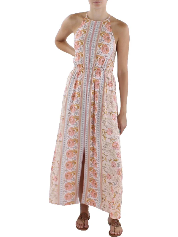 ladies-floral-dress-subtle-stem-Womens Floral Full-Length Halter Dress