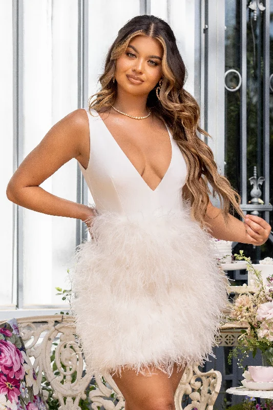 Women's mini dress frost chic -Flirt | White Plunge Front Mini Dress With Feather Skirt