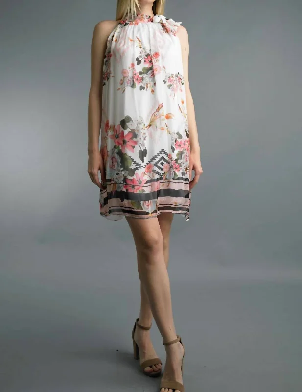 ladies-floral-dress-social-sprig-Floral Print Silk Dress With Neck Tie In White Multi