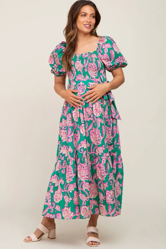 ladies-midi-dress-fringe-flair-Teal Floral Square Neck Smocked Maternity Midi Dress